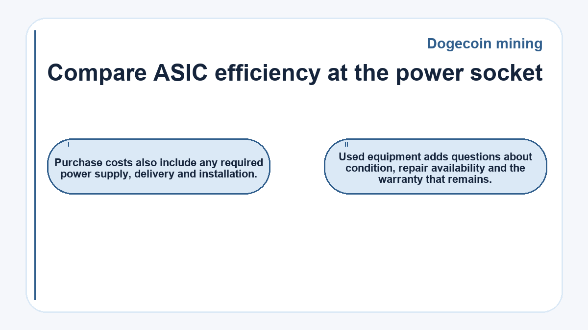 Compare ASIC efficiency at the power socket: Purchase costs also include any required power supply, delivery and installation.; Used equipment adds questions about condition, repair availability and the warranty that remains.