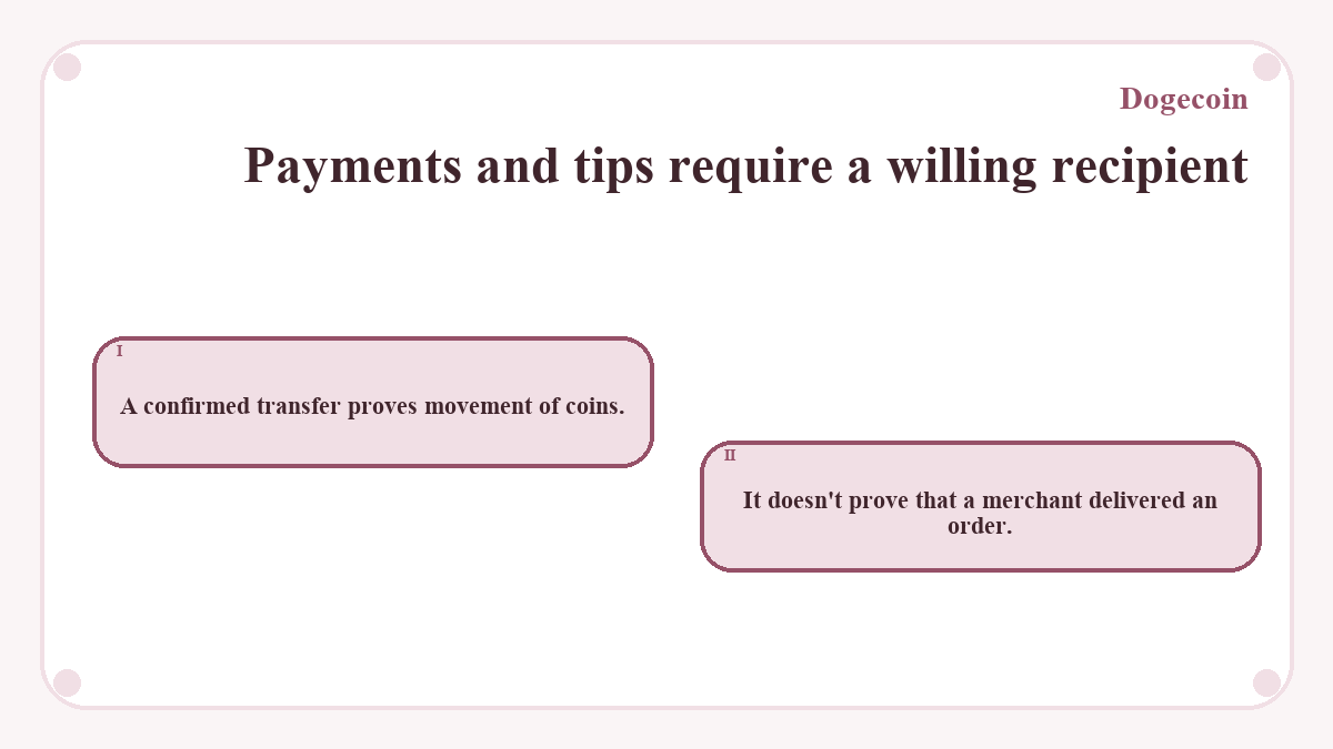 Payments and tips require a willing recipient: A confirmed transfer proves movement of coins.; It doesn't prove that a merchant delivered an order.