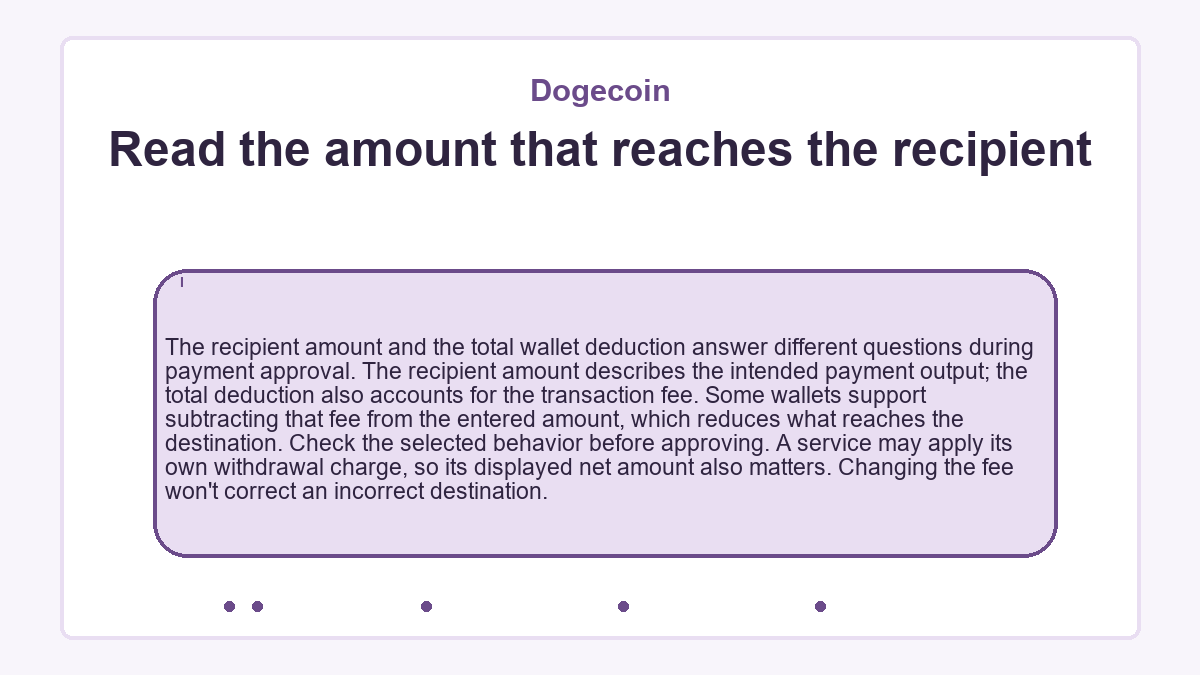 Read the amount that reaches the recipient: The recipient amount and the total wallet deduction answer different questions during payment approval. The recipient amount describes the intended payment output; the total deduction also accounts for the transaction fee. Some wallets support subtracting that fee from the entered amount, which reduces what reaches the destination. Check the selected behavior before approving. A service may apply its own withdrawal charge, so its displayed net amount also matters. Changing the fee won't correct an incorrect destination.
