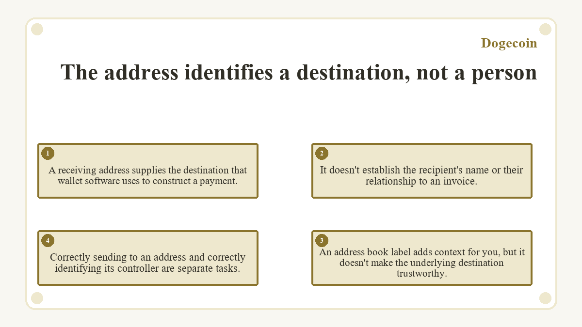 The address identifies a destination, not a person: A receiving address supplies the destination that wallet software uses to construct a payment.; It doesn't establish the recipient's name or their relationship to an invoice.; An address book label adds context for you, but it doesn't make the underlying destination trustworthy.; Correctly sending to an address and correctly identifying its controller are separate tasks.